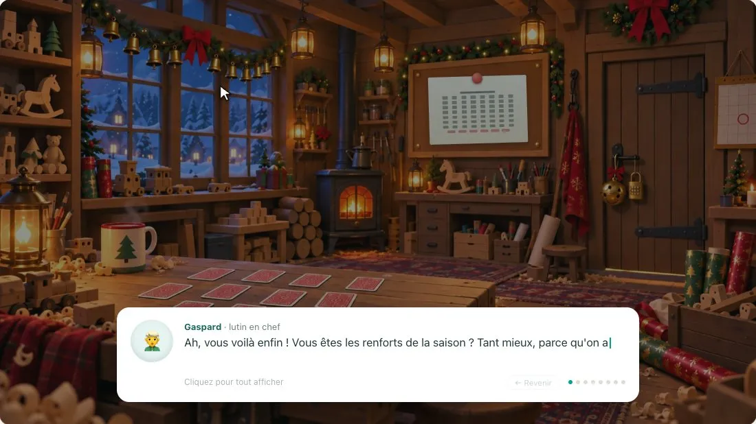 Escape game de Noël en ligne : Gaspard, le lutin en chef, accueille les joueurs dans l'atelier des jouets.